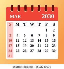 Minimalist March 2030 calendar with a fresh green look. Great for springtime scheduling, goal tracking, and productivity planning