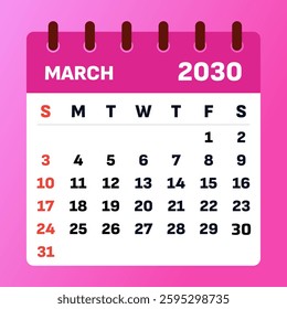 Minimalist March 2030 calendar. Great for spring event planning, tracking deadlines, and managing monthly goals