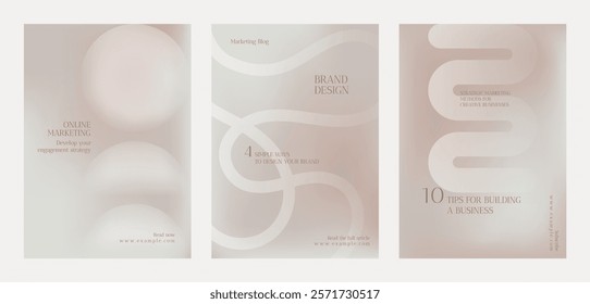 Minimalist marketing posters with abstract designs. Neutral tones highlight online marketing, brand design, and business tips. Elegant and modern style. Gradient beige online marketing template vector