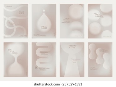 Minimalist marketing posters with abstract designs. Neutral tones, abstract shapes, and marketing tips. Ideal for branding, marketing, and design. Gradient beige online marketing template vector.