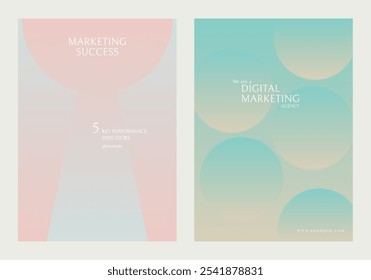 Cartazes de marketing minimalista com cores pastel. Êxito de marketing e temas de marketing digital. Design simples com gradientes suaves e formas geométricas. Conjunto de vetores de modelo de marketing pastel de gradiente.