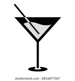 Minimalist martini glass icon featuring a stirrer, perfect for cocktail menus, nightlife branding, bar signage, or beverage industry projects. Elegant design style.