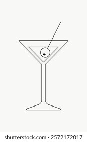 Minimalist martini glass illustration with an olive. Simple line art design, featuring a cocktail glass and olive skewer. Elegant and modern. Simple black line art doodle vector.