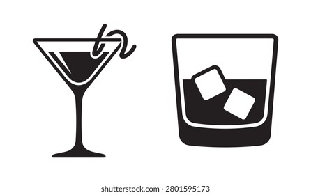 Minimalist martini glass with lemon slice and whiskey on the rocks flat vector design element