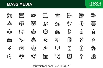 Minimalist Mass Media Icons. Professional Graphics for News Outlets, Media Campaigns, and Broadcasting Design Systems outline style