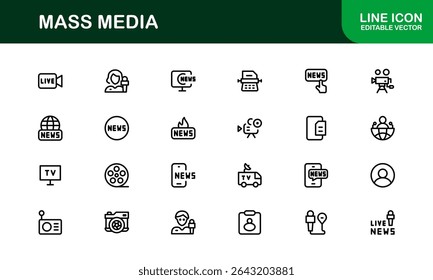 Minimalist Mass Media Icons. Professional Graphics for News Outlets, Media Campaigns, and Broadcasting Design Systems outline style
