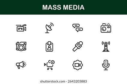 Minimalist Mass Media Icons. Professional Graphics for News Outlets, Media Campaigns, and Broadcasting Design Systems outline style