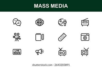 Minimalist Mass Media Icons. Professional Graphics for News Outlets, Media Campaigns, and Broadcasting Design Systems outline style