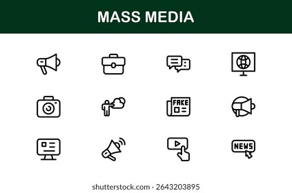 Minimalist Mass Media Icons. Professional Graphics for News Outlets, Media Campaigns, and Broadcasting Design Systems outline style
