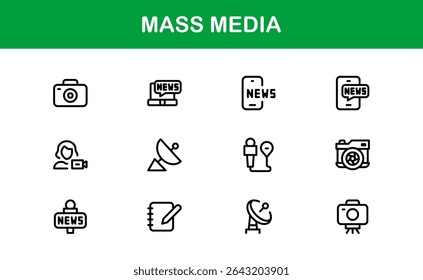 Minimalist Mass Media Icons. Professional Graphics for News Outlets, Media Campaigns, and Broadcasting Design Systems outline style