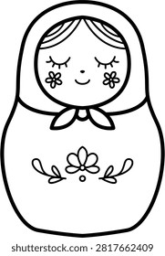 Minimalist Matryoshka Doll Vector Icon: Elegant Black Line Art Illustration of a Traditional Russian Nesting Doll with Floral Details, Hand-Drawn Style on White Background for Modern Design.