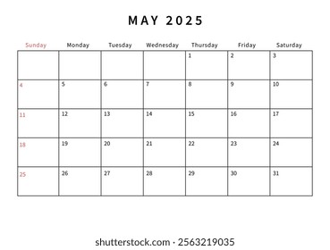 Minimalist May 2025 calendar design vector illustration. Perfect for planners, organizers, or scheduling purposes.