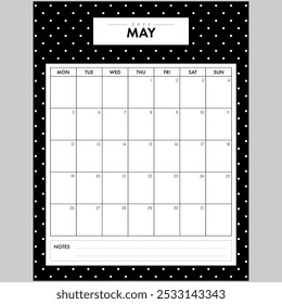 Minimalist May 2025 Calendar Month. Elegant Black and White Dotted Background month by month planner with writing space for organization. Part of a monthly year set.