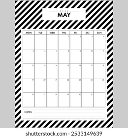 Minimalist May 2025 Calendar Month. Elegant Black and White Stripped Background month by month planner with writing space for organization. Part of a monthly year set.