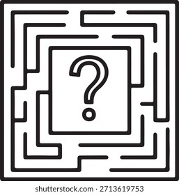 Laberinto minimalista con ícono de signo de interrogación: confusión, rompecabezas, resolución de problemas, concepto de decisión: Vector en blanco y negro para IU, App y uso de stock