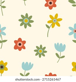 Minimalistische Wiese nahtloses Muster mit verstreuten verstreuten Blumen. Retro 70er Jahre flachen Design-Vektor mit winzigen zufälligen Wildblumen, sauberen Hintergrund für die Verpackung, Geschenkverpackung, und Frühling Schreibwaren.