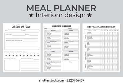 Minimalist Meal Planner Printable Template. Planner For Weekly And Daily Meals For Breakfast, Lunch, Dinner And Snacks.