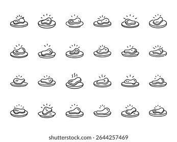 Minimalist Meat Icons Set – 25 Outline Steak and Cooked Meat Silhouettes on Plates with Line Art Style for Restaurant Menu, Food App, or BBQ Branding on White Background