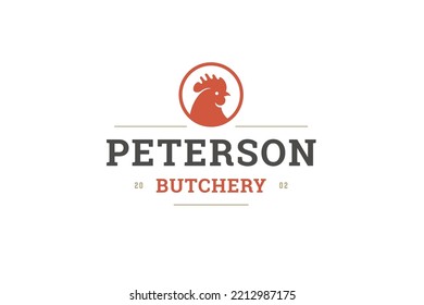 Minimalist Meat Production Agriculture Business Logo Design Template Circle Rooster Head Vector Illustration. Retro Butchery Farmhouse Emblem Rural Livestock Branding Identification Label