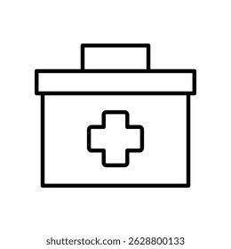 Ícone de caixa médica minimalista com símbolo cruzado na arte da linha preta