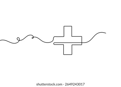Minimalist medical cross one line art isolated in outline vector drawing for healthcare and emergency