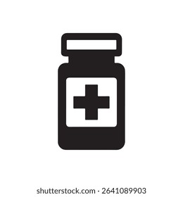 Minimalist Medicine Pill Bottle Silhouette with Cross Symbol Black and White Vector Icon