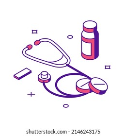 Minimalist medicine traditional symbols stethoscope and tablet pills for patient getting well isometric vector illustration. Medical equipment for doctor examination. Healthcare supplements, drugstore