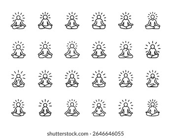 Minimalist Meditation Icons – Hand-Drawn Line Art Illustrations of People in Lotus Pose with Radiating Calm Energy for Mindfulness, Yoga, Zen, and Spirituality Concepts