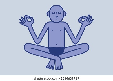 Minimalist Meditation Pose Illustration – Calm Bald Figure in Lotus Position with Hands in Mudra Gesture on Light Blue Background, Ideal for Wellness Blogs, Yoga Posters, or Mindfulness Content