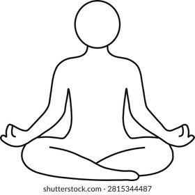 Minimalist meditation pose outline vector illustration featuring a person sitting in the lotus position with a clean and elegant line art design. This yoga and mindfulness icon is ideal for wellness, meditation, fitness, mental health, relaxation, spa services, yoga studios, healthcare, mobile applications, websites, and user interface designs. Isolated on a white background with scalable vector quality and editable strokes.