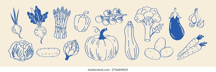 Minimalist Mediterranean hand drawn vegetable vector set. Organic food illustrations for packaging, menus, branding and healthy lifestyle design.