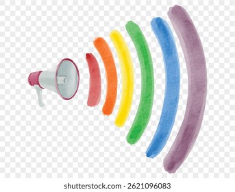 Minimalist megaphone with rainbow sound waves in watercolor, symbolizing unity, equality, and peaceful communication.vector