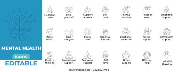 Minimalist mental health line icons for therapy apps, wellness branding and medical projects. Clean, scalable, editable vector set