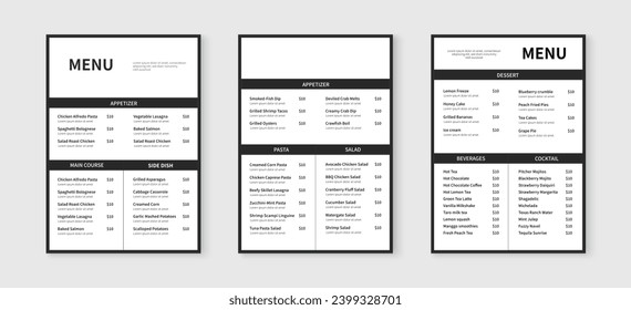 Minimalist menu layout template. Restaurant food and drink menu design. Vector illustration