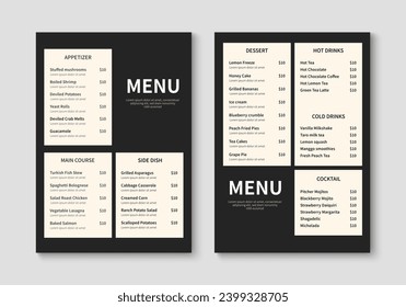 Minimalistische Menülayoutvorlage. Restaurant und Café-Menü-Design. Vektorgrafik