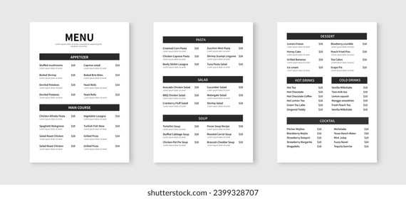 Minimalist menu layout template. Restaurant and cafe menu design. Vector illustration