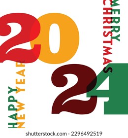 Minimalist Merry Christmas and 2024 Happy New Year Greeting Post Template With Colorful Concept