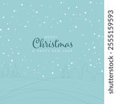 Minimalist Merry Christmas and Happy New Year card layout template with forest village and landscape outline and falling snow flakes - light blue version