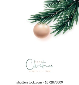 Minimalist Merry Christmas and Happy New Year greeting banner. Realistic spruce branch with shiny gold bauble isolated on white background. Vector illustration.