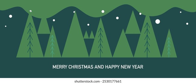 Minimalist Merry Christmas and Happy New Year flat template with tree, snow, shapes illustration and green background for sale banner, greeting card, poster, cover, web, social media post, flyer