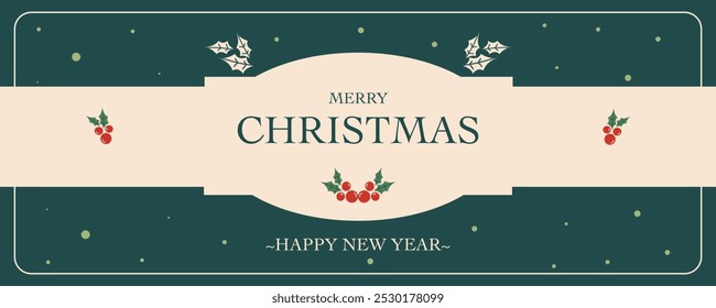 Minimalist Merry Christmas and Happy New Year flat template with berries, leaves illustration and green background for seasonal sale banner, greeting card, poster, cover, web, social media post, flyer