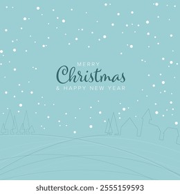 Minimalist Merry Christmas and Happy New Year card layout template with forest village and landscape outline and falling snow flakes - light blue version