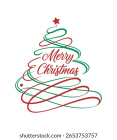 "Vetor minimalista 'Feliz Natal' com Árvore de Natal curvilínea vermelha e verde"