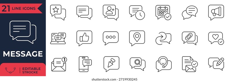 Conjunto de iconos de línea de mensaje minimalista para comunicación de chat y Comentarios digital. Presenta burbujas de conversación de trazo editables, Elementos de texto y símbolos de conversación para el diseño de la interfaz de Web y App.