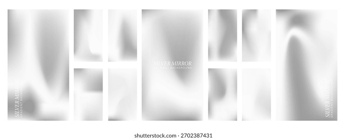 Minimalistischer, mobiler Metallhintergrund. 11 silberne Spiegel und Chrom Farbverlauf Tapeten für Telefone. Vektorgrafik.