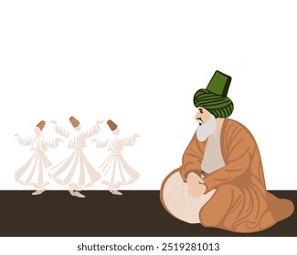 Silhueta de Mevlana minimalista em Pose de dervixe de redemoinhoSilhueta de Mevlana minimalista em Pose de dervixe de redemoinho