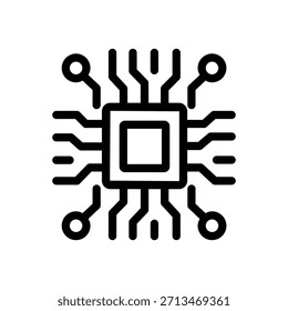 Minimalist microchip icon with connected circuit lines, representing artificial intelligence, digital processing, computing power, and modern technology systems