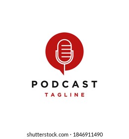 Minimalist microphone and bubble chat, podcast logo icon vector on white background