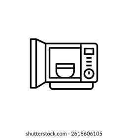 Contorno de micro-ondas minimalista com porta aberta e recipiente dentro ícone