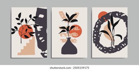 Minimalist Mid Century Wall Art Background With Palm Leaves And pottery. Set for Wall Art Decoration, Brochure, Cover Design, Postcard, Banner, Social Media Background. Vector Illustration